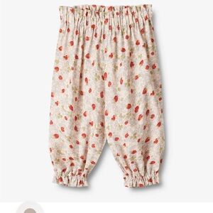 Wheat Kids- Floral Strawberry Print Elastic Waist Harem Pants - Cream/Red